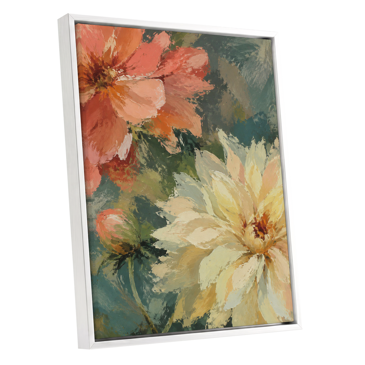 Petals in Soft Focus, pink, yellow, green floral wall art shown as a white framed canvas wall art