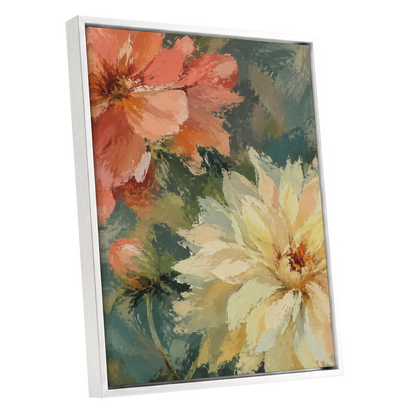 Petals in Soft Focus, pink, yellow, green floral wall art shown as a white framed canvas wall art