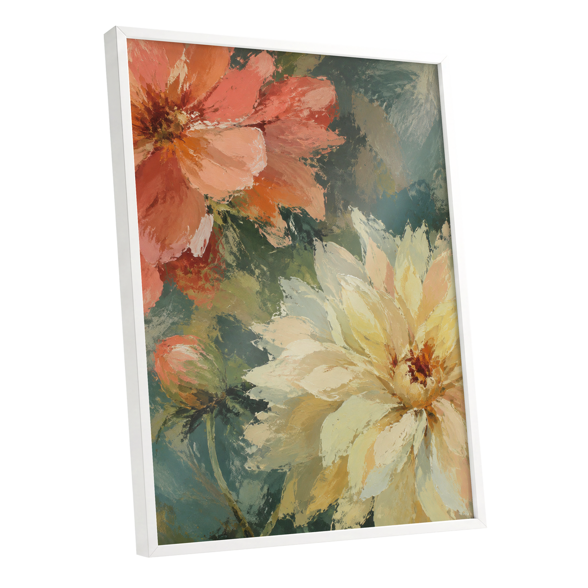 Petals in Soft Focus, pink, yellow, green floral wall art shown as a white framed poster wall art print