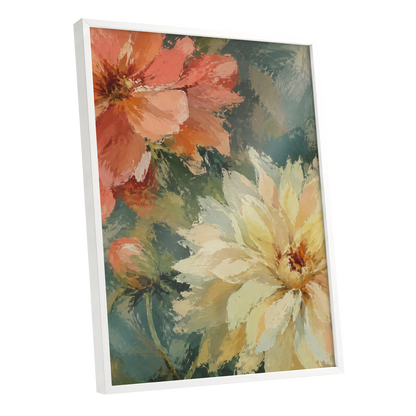 Petals in Soft Focus, pink, yellow, green floral wall art shown as a white framed poster wall art print