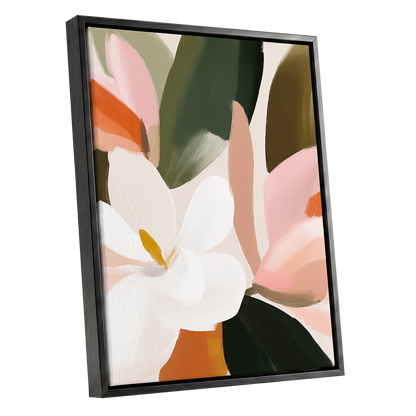 Petals in Stillness, green, beige, pink floral wall art shown as a black framed canvas wall art
