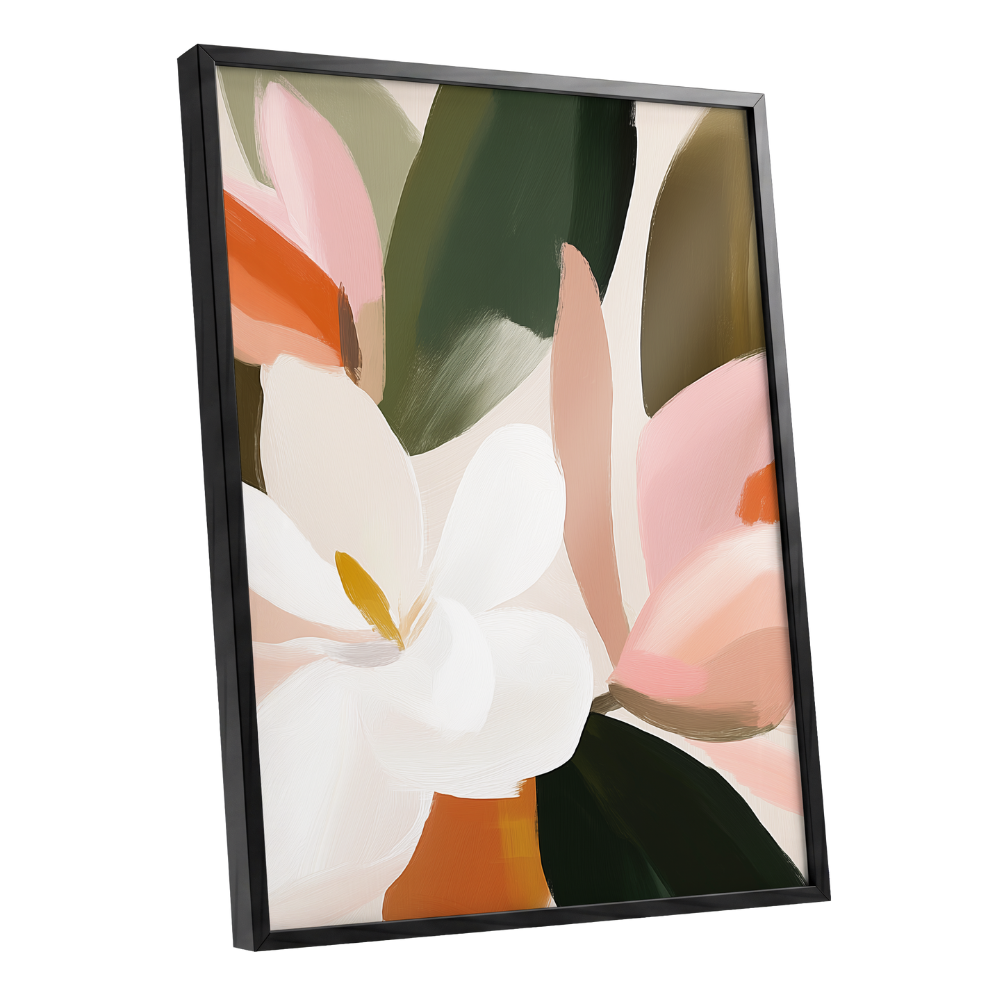 Petals in Stillness, green, beige, pink floral wall art shown as a black framed poster wall art print