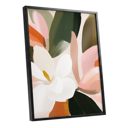 Petals in Stillness, green, beige, pink floral wall art shown as a black framed poster wall art print