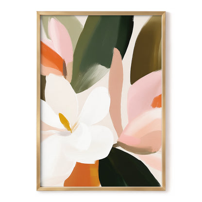 Petals in Stillness, green, beige, pink floral wall art, front artwork view