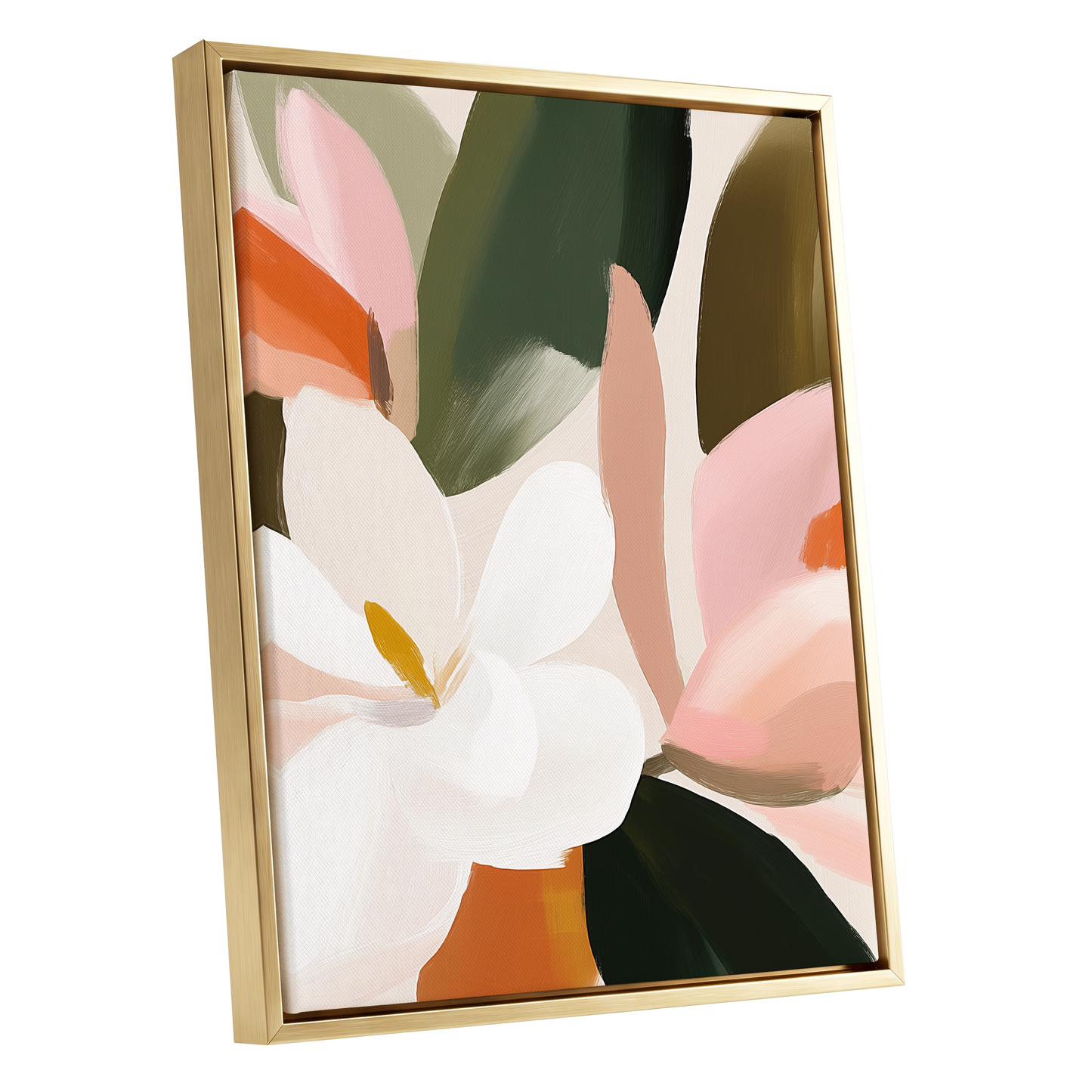 Petals in Stillness, green, beige, pink floral wall art shown as a gold framed canvas wall art