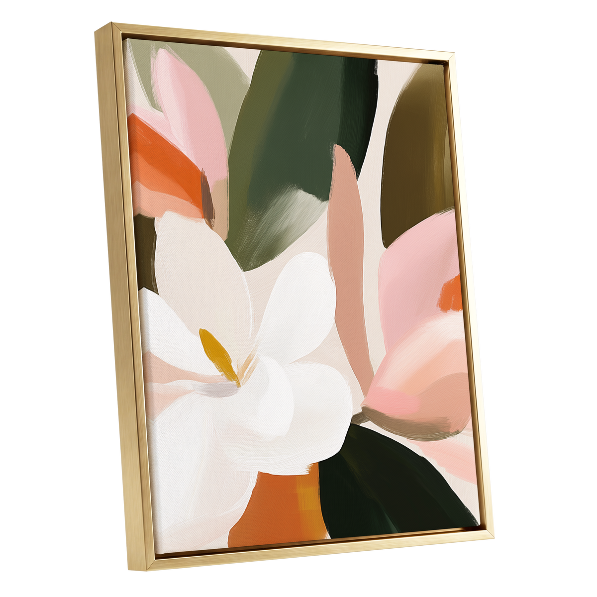 Petals in Stillness, green, beige, pink floral wall art shown as a gold framed canvas wall art