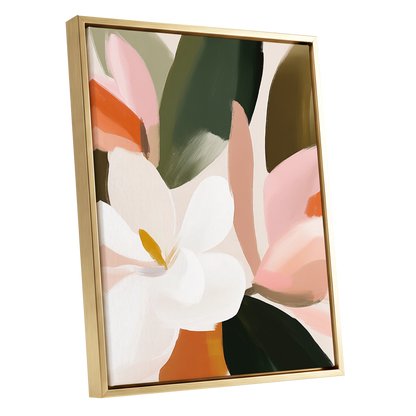 Petals in Stillness, green, beige, pink floral wall art shown as a gold framed canvas wall art
