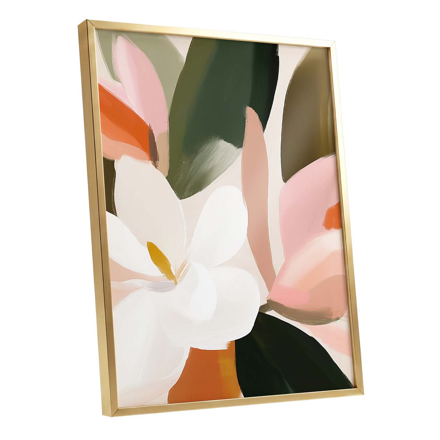 Petals in Stillness, green, beige, pink floral wall art shown as a gold framed poster wall art print