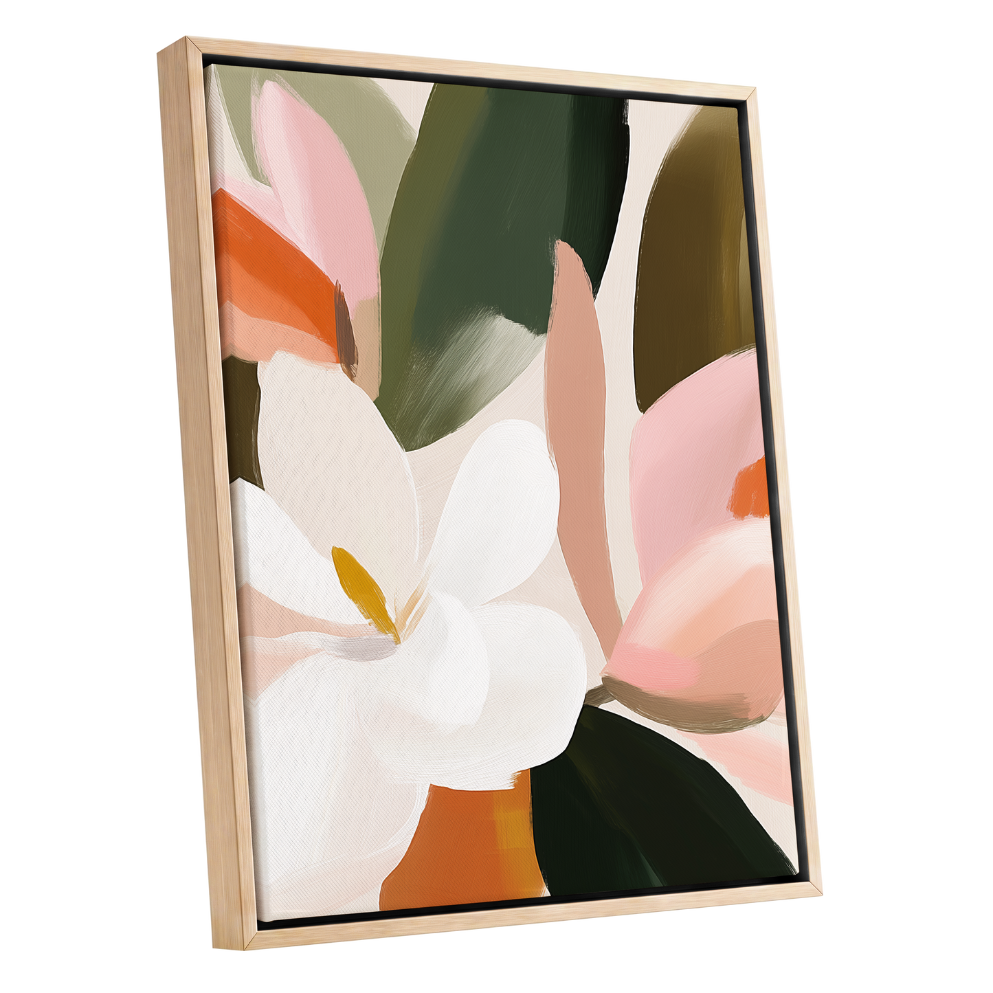 Petals in Stillness, green, beige, pink floral wall art shown as a oak framed canvas wall art