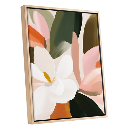 Petals in Stillness, green, beige, pink floral wall art shown as a oak framed canvas wall art