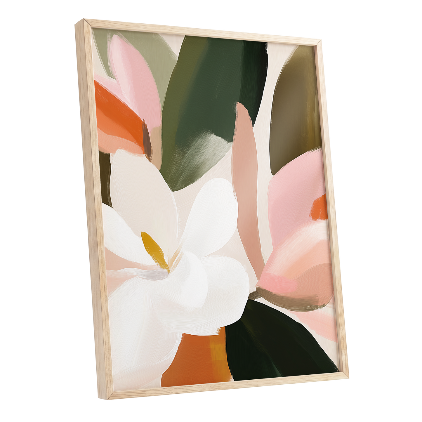 Petals in Stillness, green, beige, pink floral wall art shown as a oak framed poster wall art print