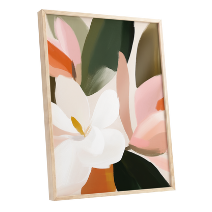 Petals in Stillness, green, beige, pink floral wall art shown as a oak framed poster wall art print