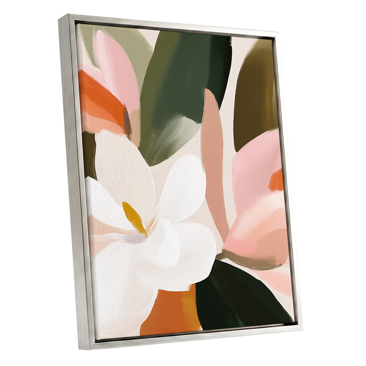 Petals in Stillness, green, beige, pink floral wall art shown as a silver framed canvas wall art