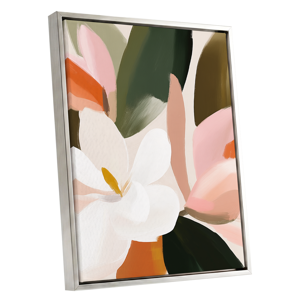 Petals in Stillness, green, beige, pink floral wall art shown as a silver framed canvas wall art