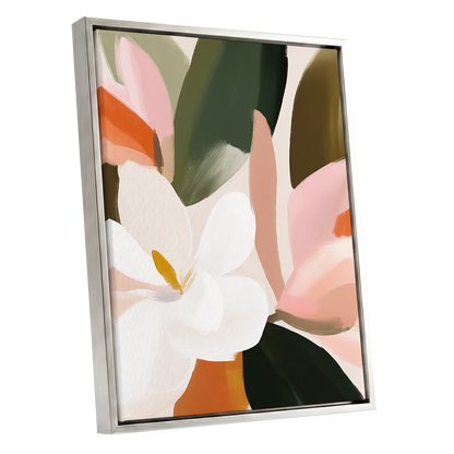 Petals in Stillness, green, beige, pink floral wall art shown as a silver framed canvas wall art