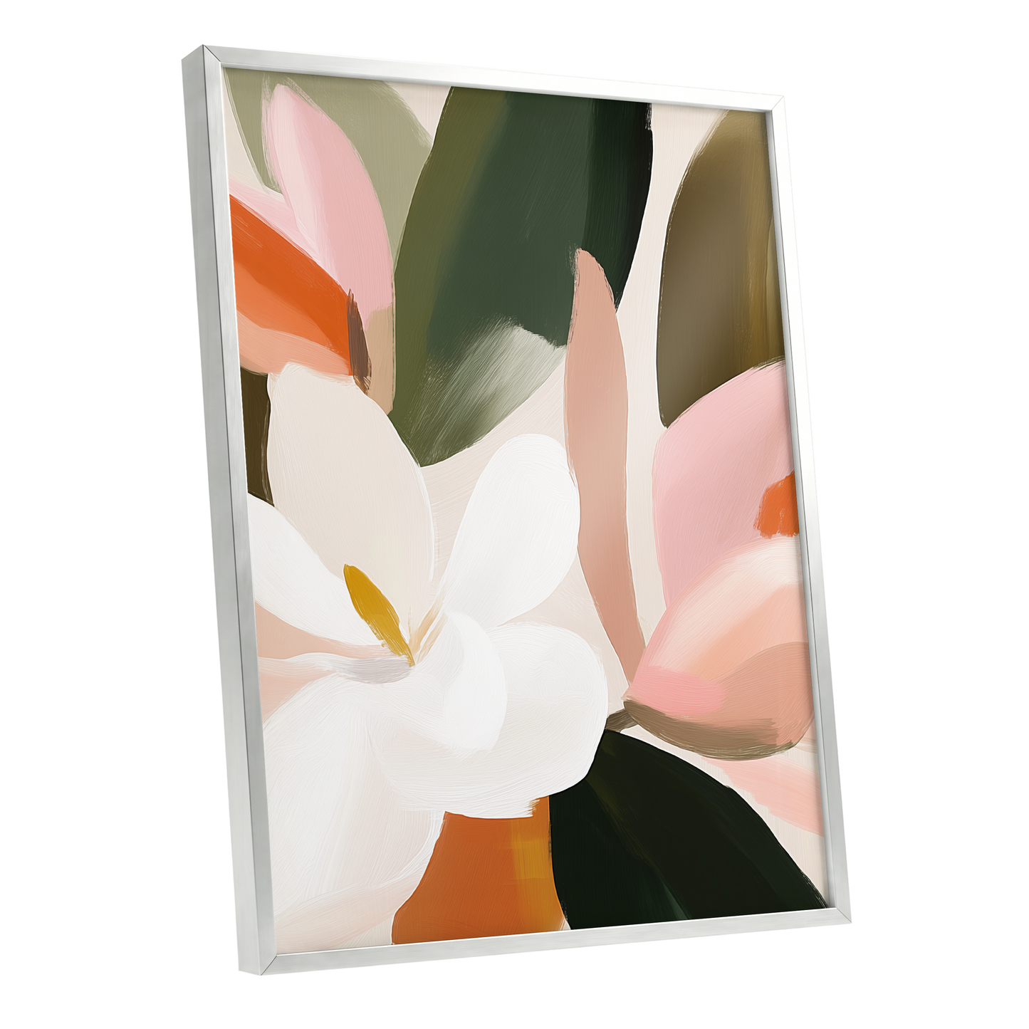 Petals in Stillness, green, beige, pink floral wall art shown as a silver framed poster wall art print
