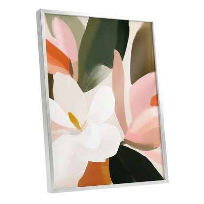Petals in Stillness, green, beige, pink floral wall art shown as a silver framed poster wall art print
