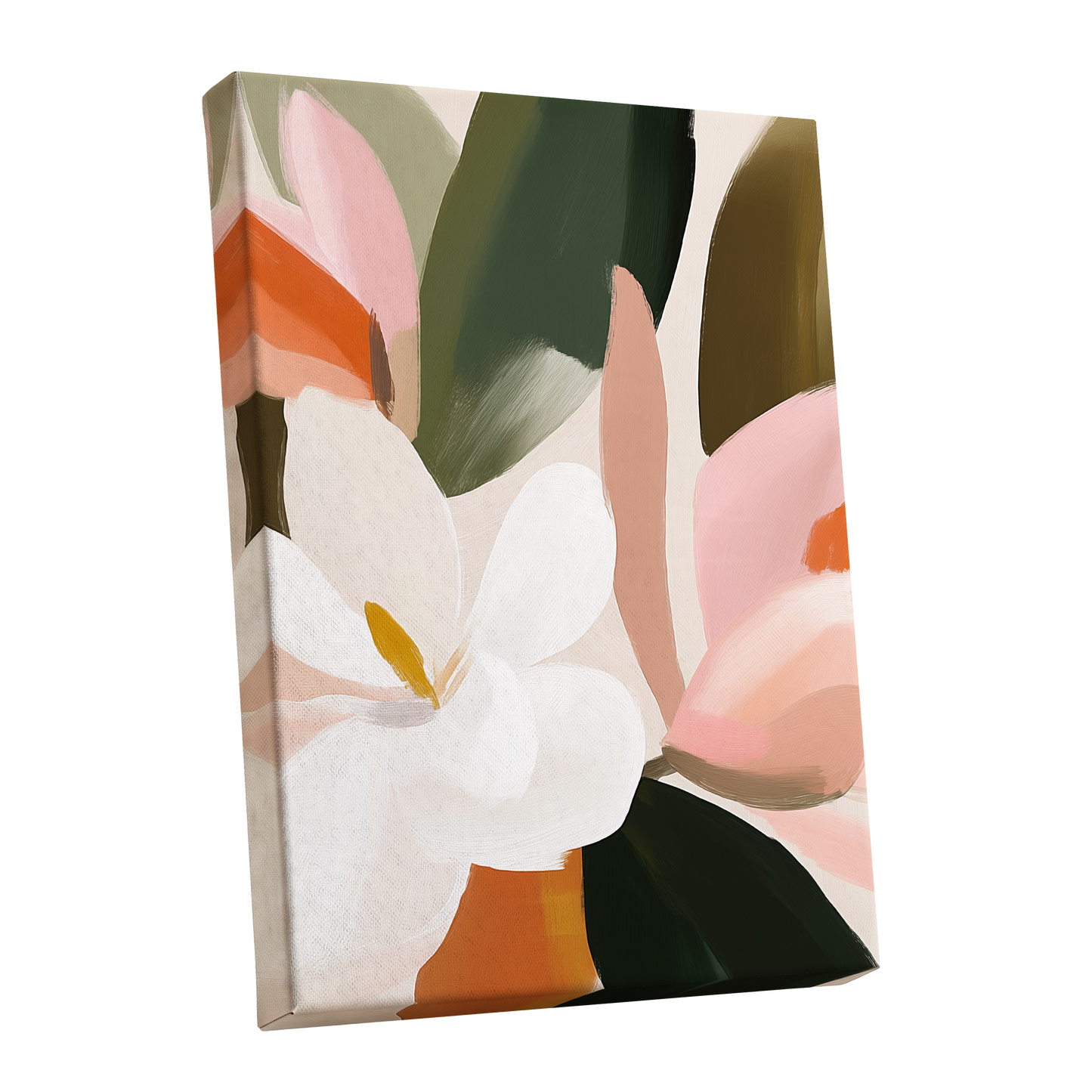 Petals in Stillness, green, beige, pink floral wall art shown as a stretched canvas wall art