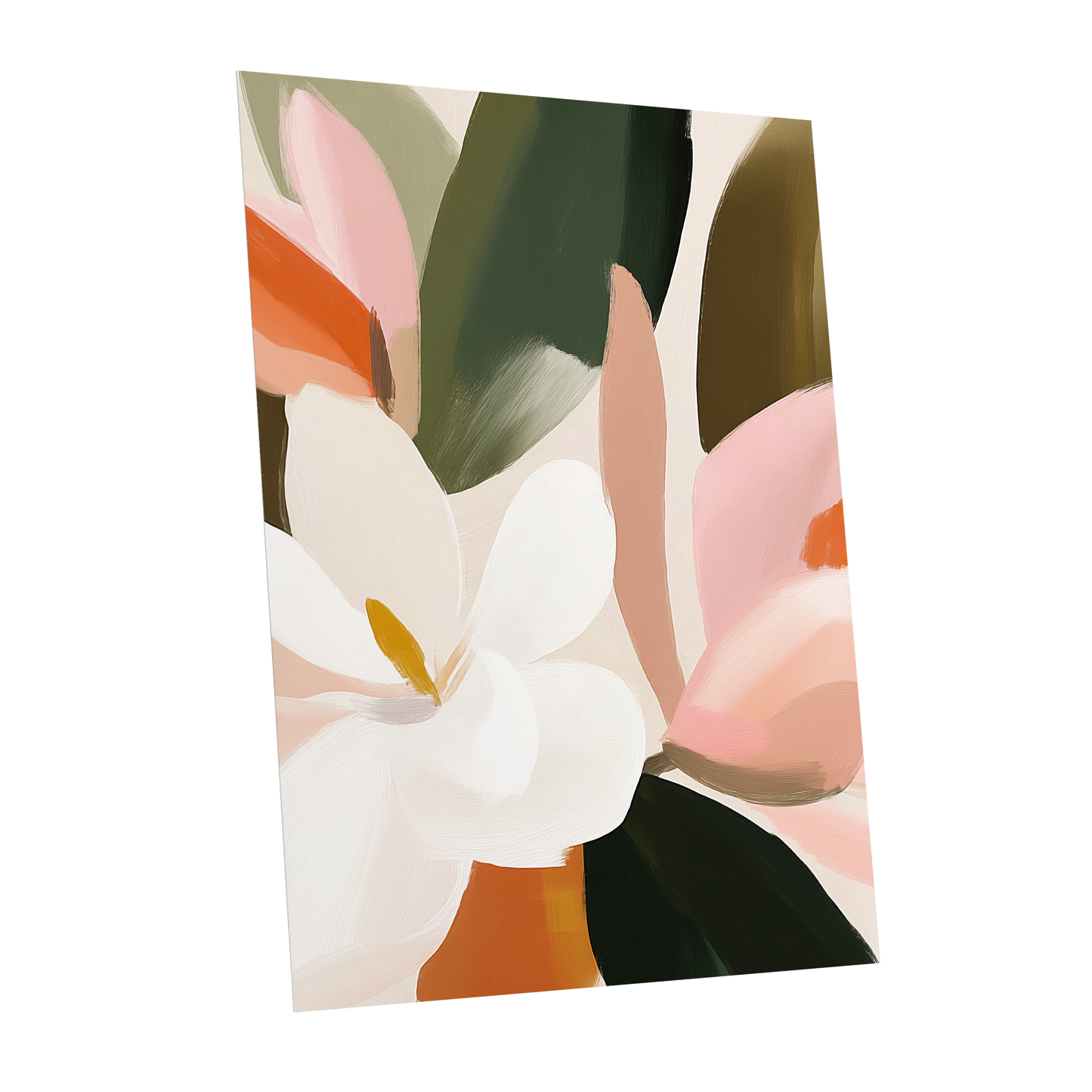Petals in Stillness, green, beige, pink floral wall art shown as a unframed poster wall art print