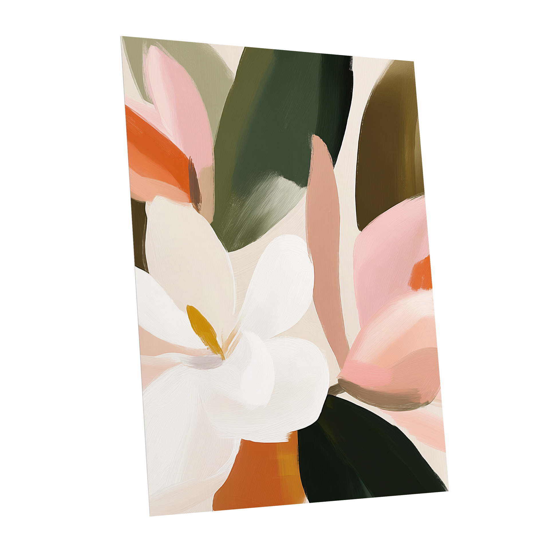 Petals in Stillness, green, beige, pink floral wall art shown as a unframed poster wall art print