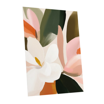 Petals in Stillness, green, beige, pink floral wall art shown as a unframed poster wall art print