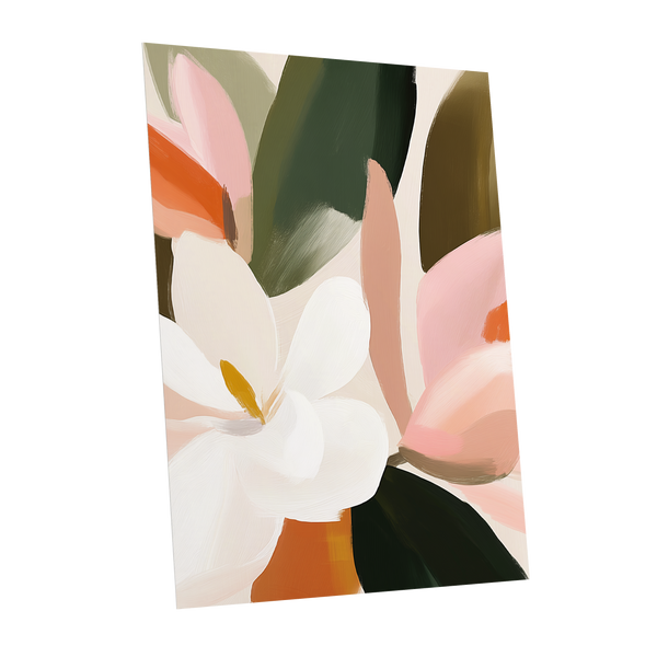 Petals in Stillness, green, beige, pink floral wall art shown as a unframed poster wall art print