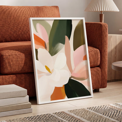 Petals in Stillness, green, beige, pink floral wall art displayed in a styled interior, gallery view 2