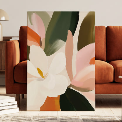 Petals in Stillness, green, beige, pink floral wall art displayed in a styled interior, gallery view 3