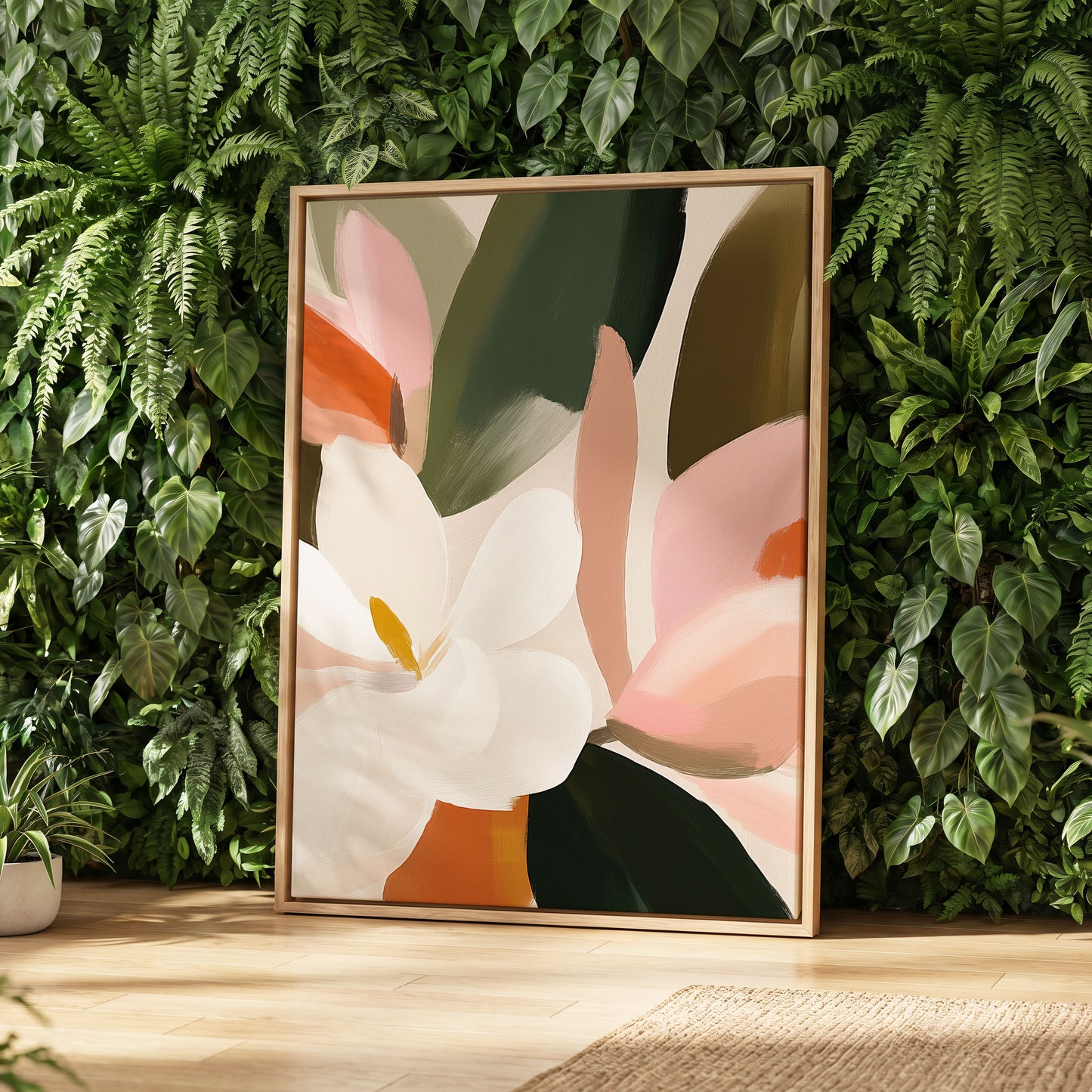 Petals in Stillness, green, beige, pink floral wall art displayed in a styled interior, gallery view 4