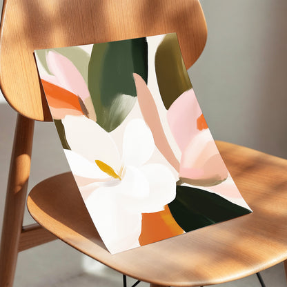 Petals in Stillness, green, beige, pink floral wall art displayed in a styled interior, gallery view 5