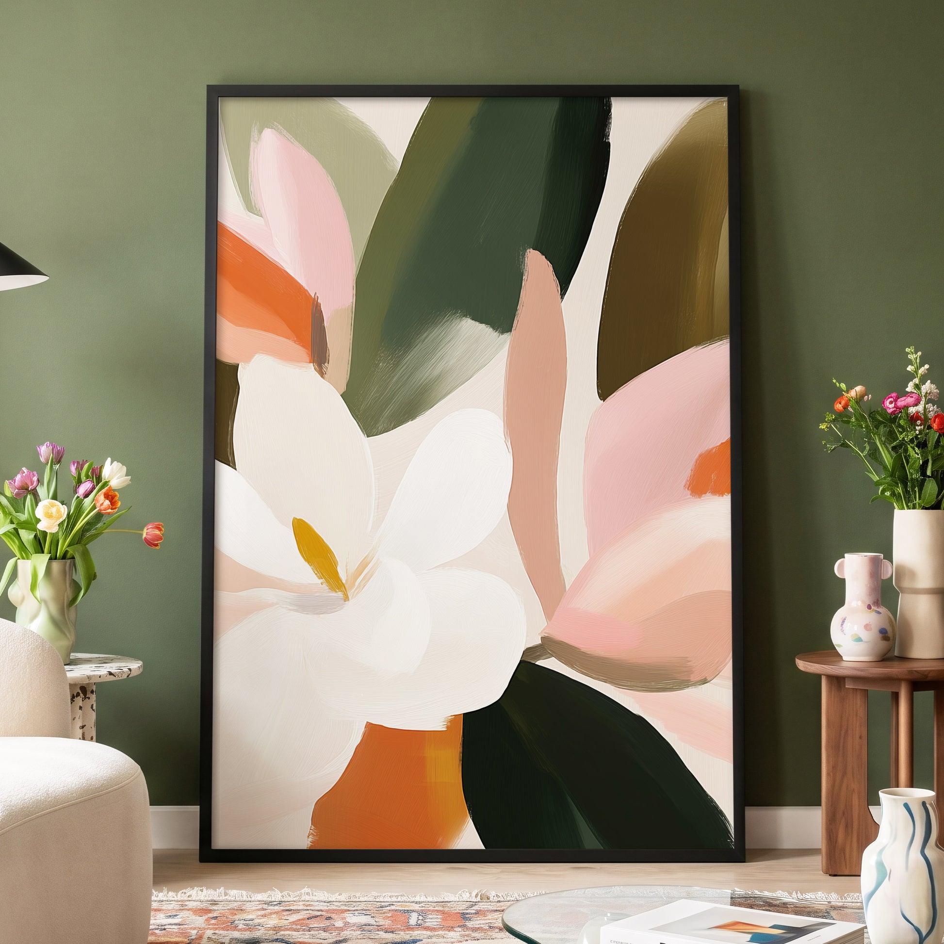 Petals in Stillness, green, beige, pink floral wall art displayed in a styled interior, gallery view 6