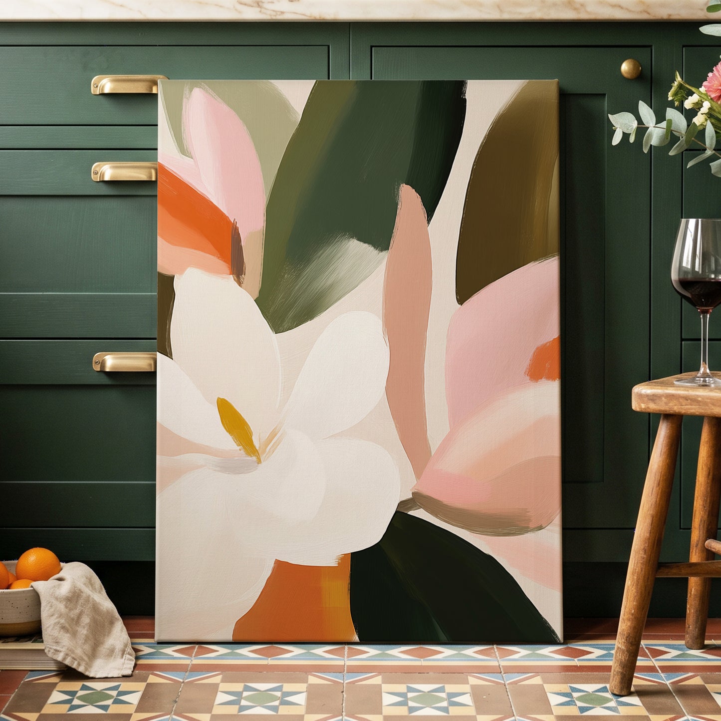Petals in Stillness, green, beige, pink floral wall art displayed in a styled interior, gallery view 7