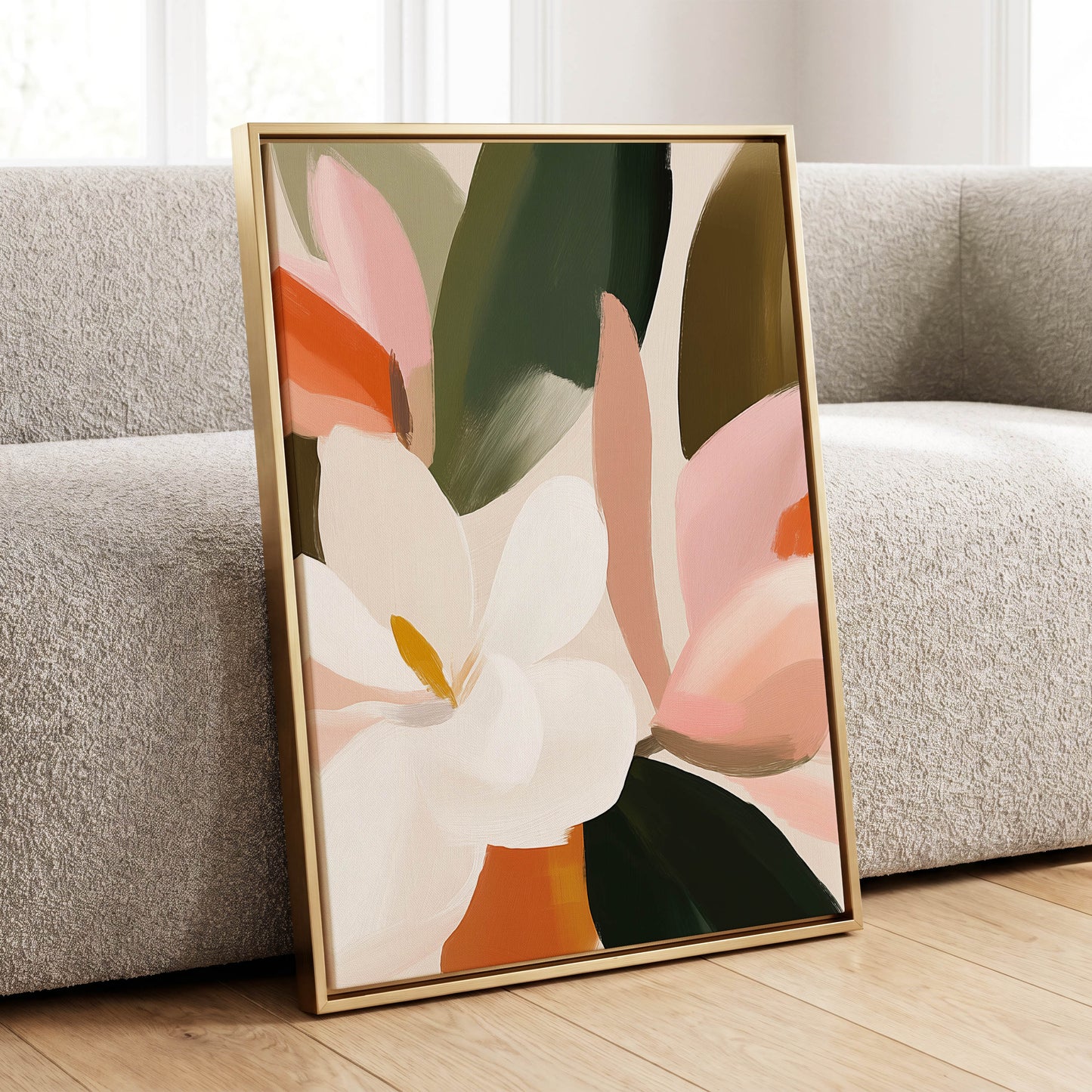 Petals in Stillness, green, beige, pink floral wall art displayed in a styled interior, gallery view 8