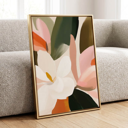 Petals in Stillness, green, beige, pink floral wall art displayed in a styled interior, gallery view 8