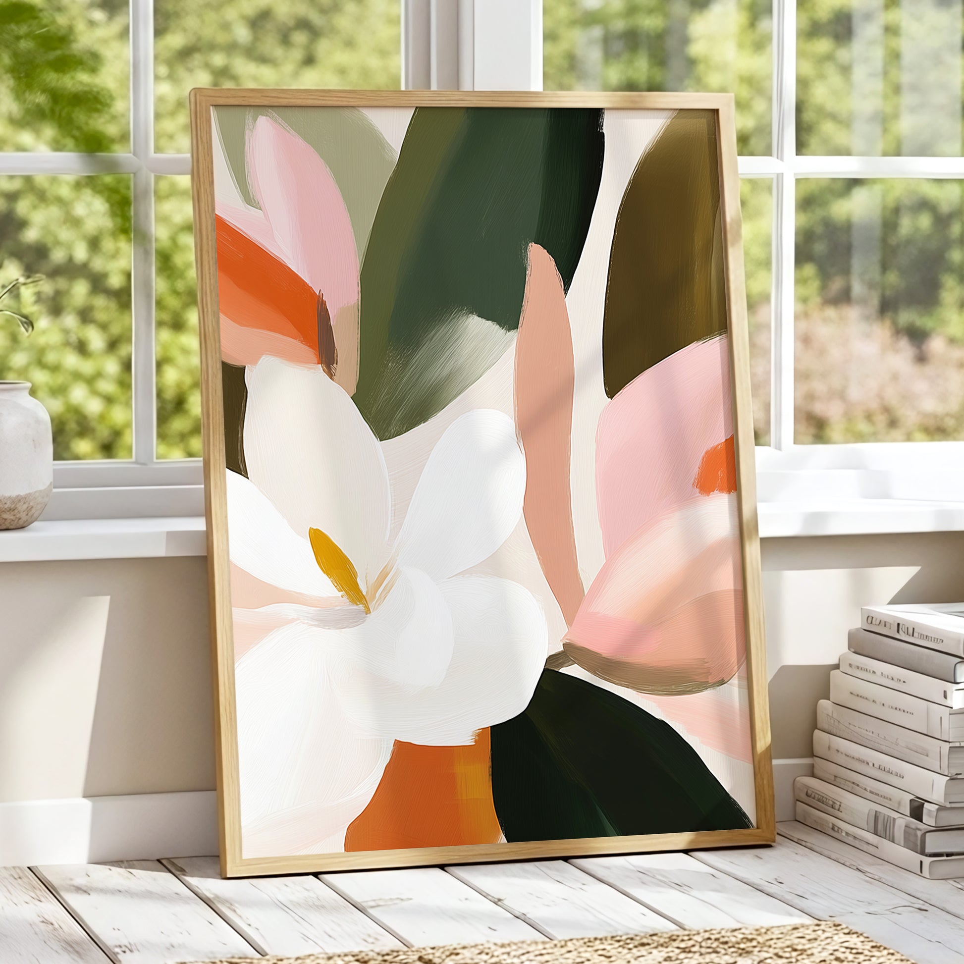 Petals in Stillness, green, beige, pink floral wall art displayed in a styled interior, gallery view 9