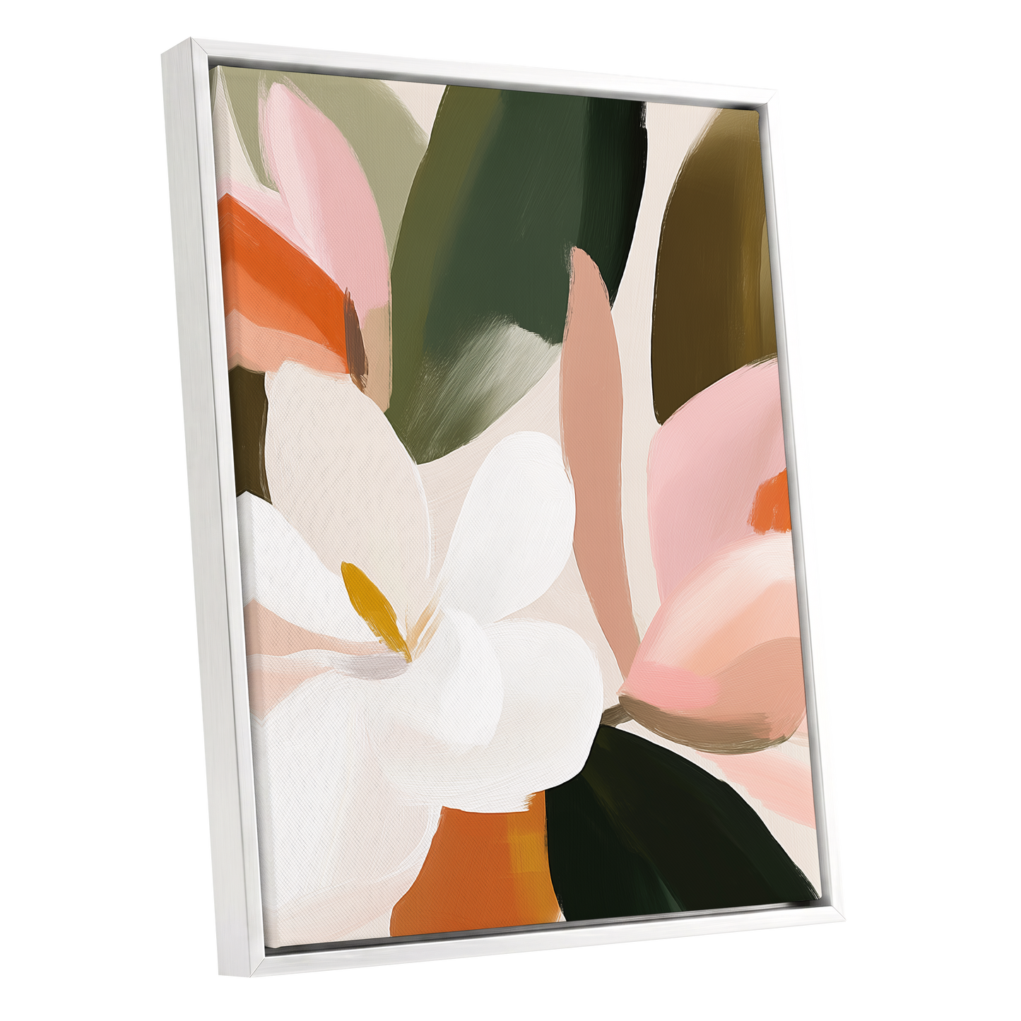 Petals in Stillness, green, beige, pink floral wall art shown as a white framed canvas wall art
