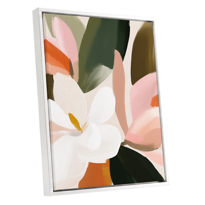 Petals in Stillness, green, beige, pink floral wall art shown as a white framed canvas wall art