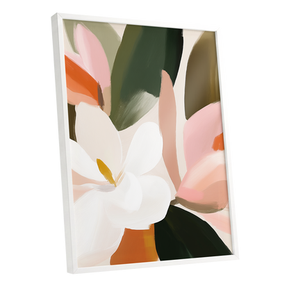 Petals in Stillness, green, beige, pink floral wall art shown as a white framed poster wall art print