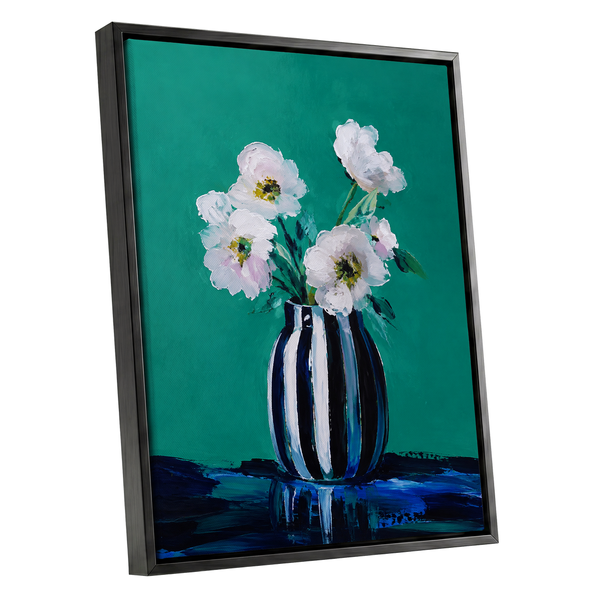 Petals in Teal, green, white, black floral wall art shown as a black framed canvas wall art
