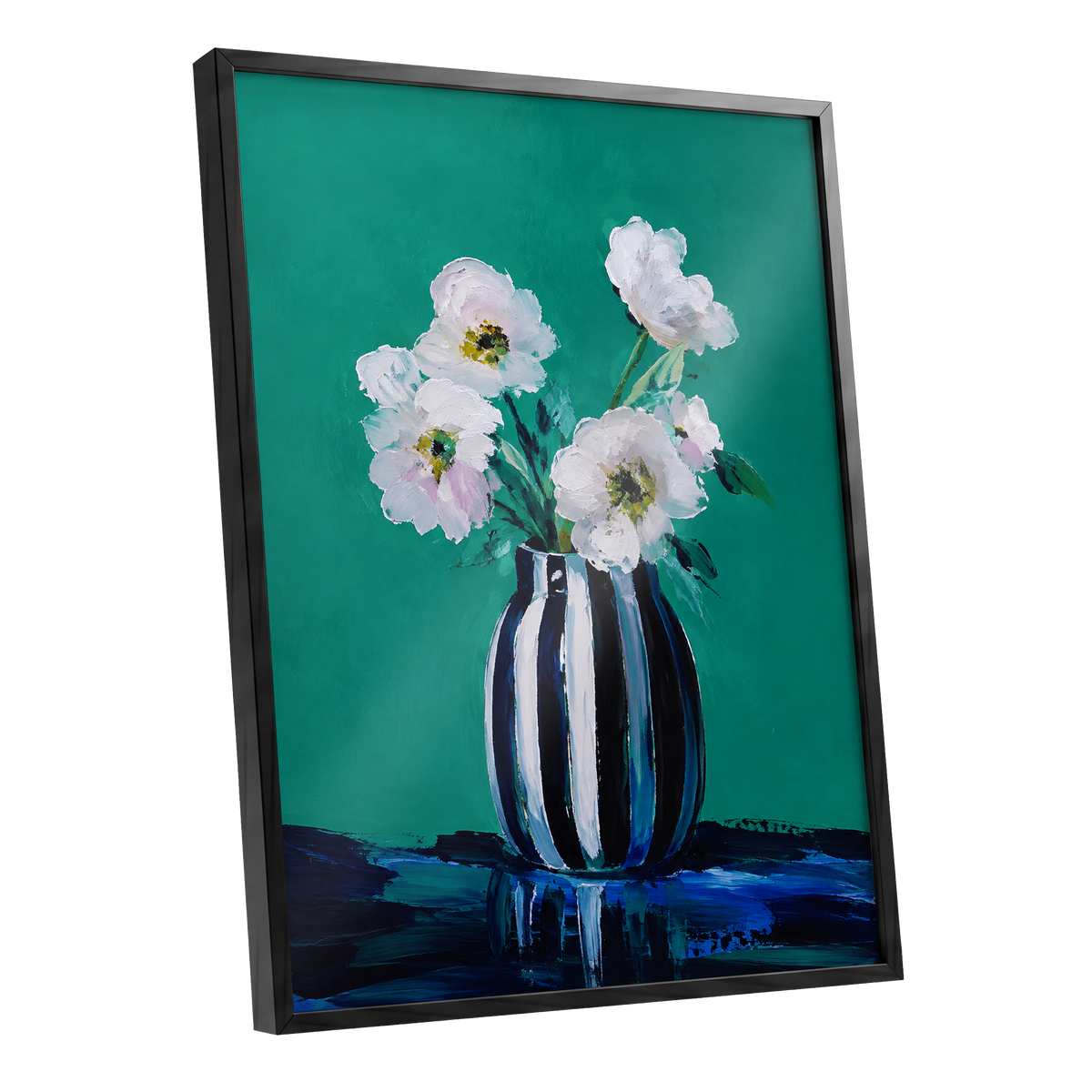 Petals in Teal, green, white, black floral wall art shown as a black framed poster wall art print