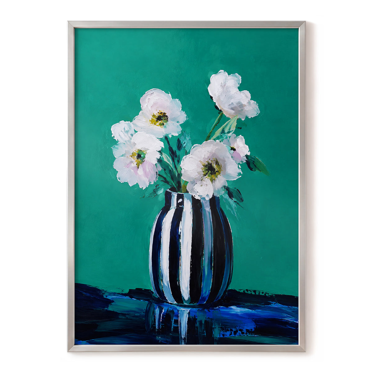 Petals in Teal, green, white, black floral wall art, front artwork view