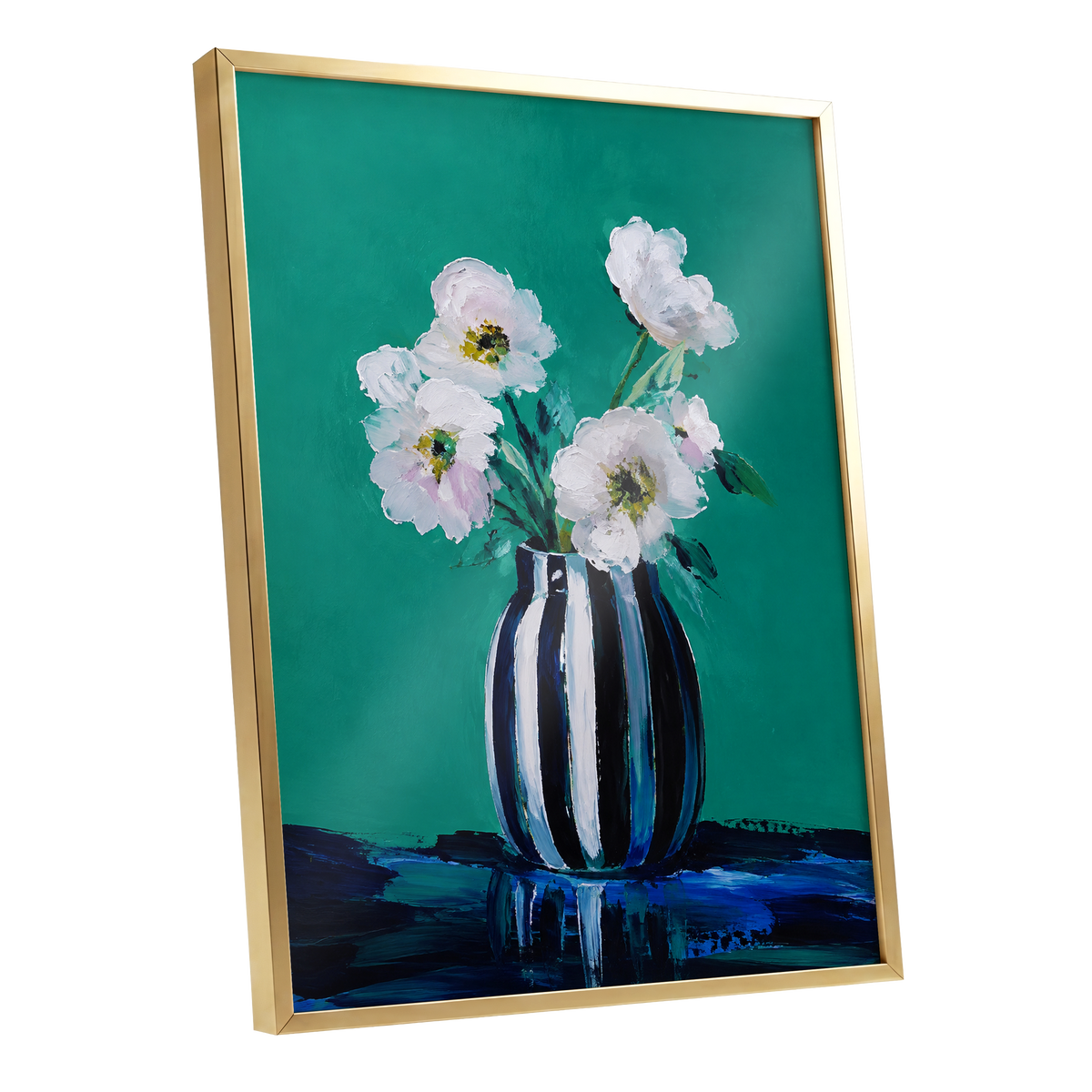 Petals in Teal, green, white, black floral wall art shown as a gold framed poster wall art print