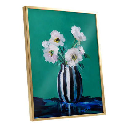 Petals in Teal, green, white, black floral wall art shown as a gold framed poster wall art print