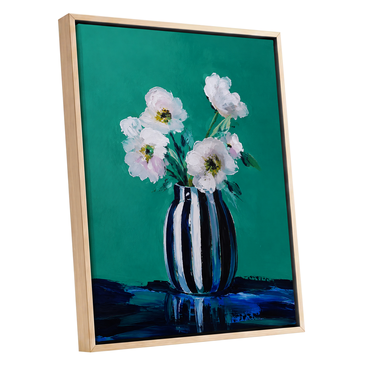 Petals in Teal, green, white, black floral wall art shown as a oak framed canvas wall art
