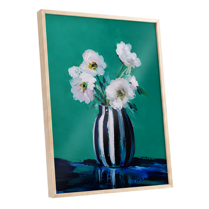 Petals in Teal, green, white, black floral wall art shown as a oak framed poster wall art print