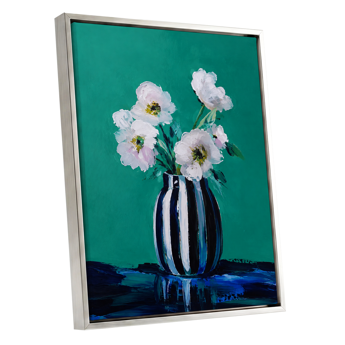 Petals in Teal, green, white, black floral wall art shown as a silver framed canvas wall art