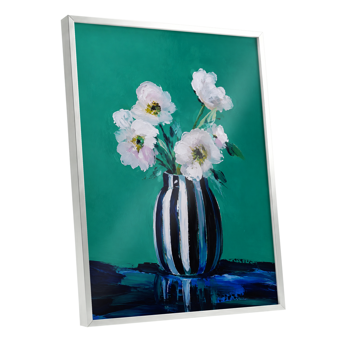 Petals in Teal, green, white, black floral wall art shown as a silver framed poster wall art print