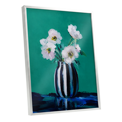 Petals in Teal, green, white, black floral wall art shown as a silver framed poster wall art print