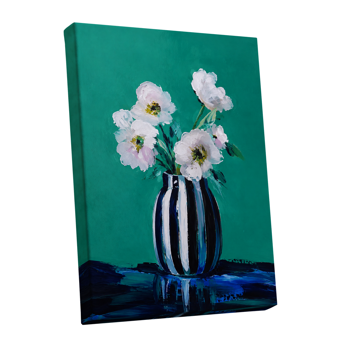 Petals in Teal, green, white, black floral wall art shown as a stretched canvas wall art