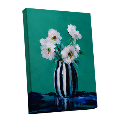 Petals in Teal, green, white, black floral wall art shown as a stretched canvas wall art